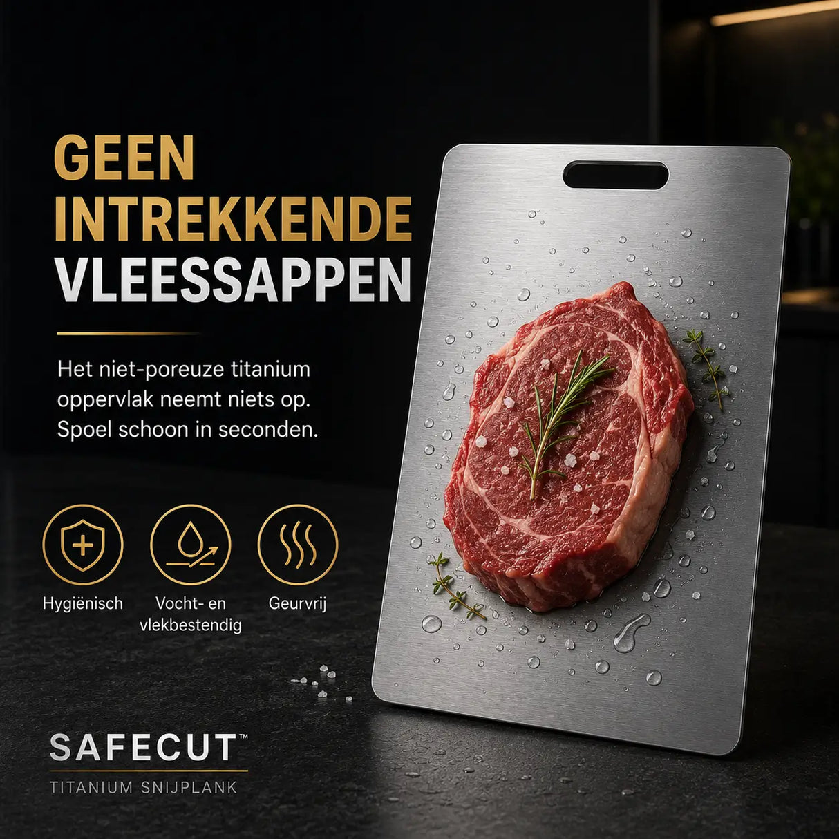 SafeCut titanium board for hygienically cutting meat and fish safely.