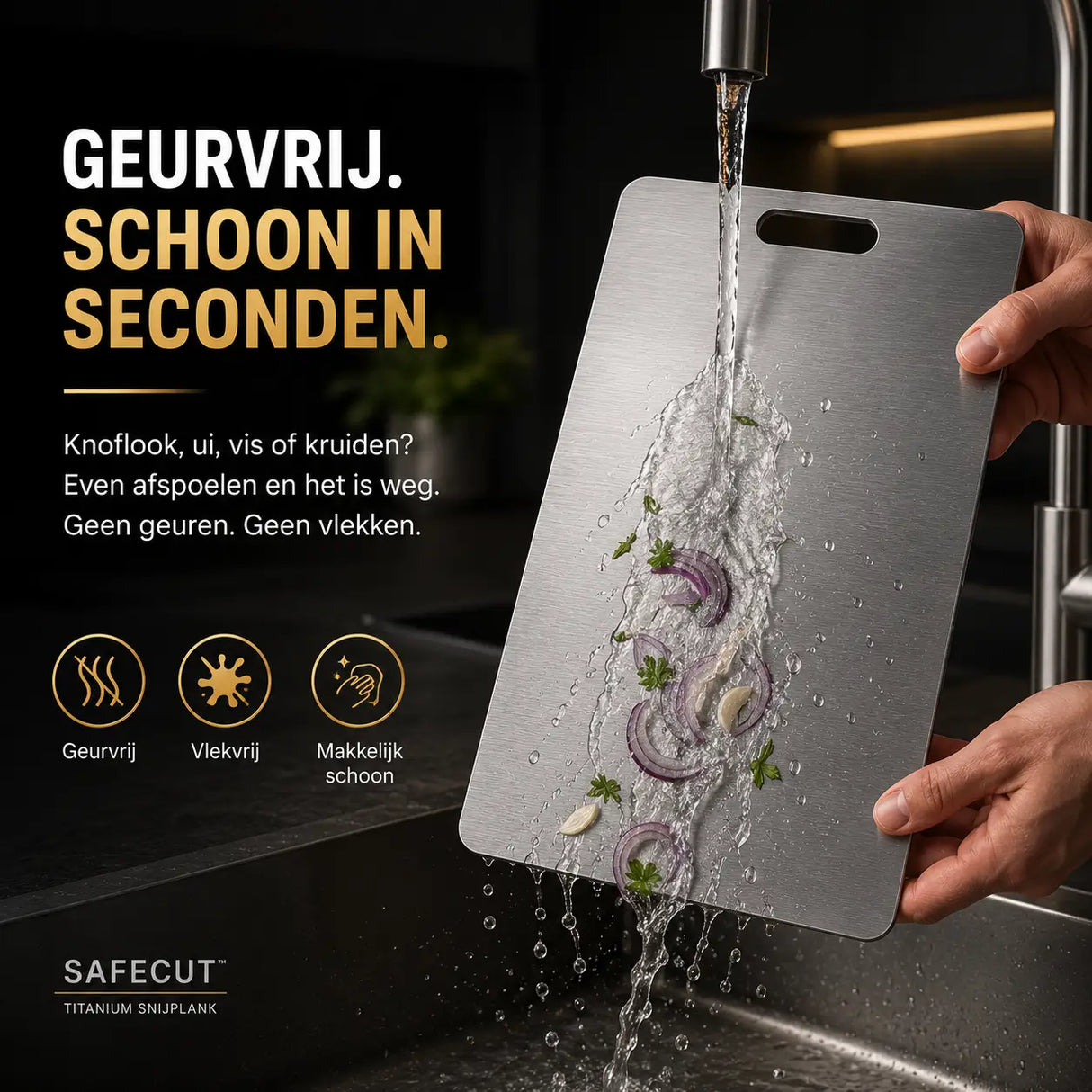 Titanium cutting board stays odor-free and cleans easily without staining.