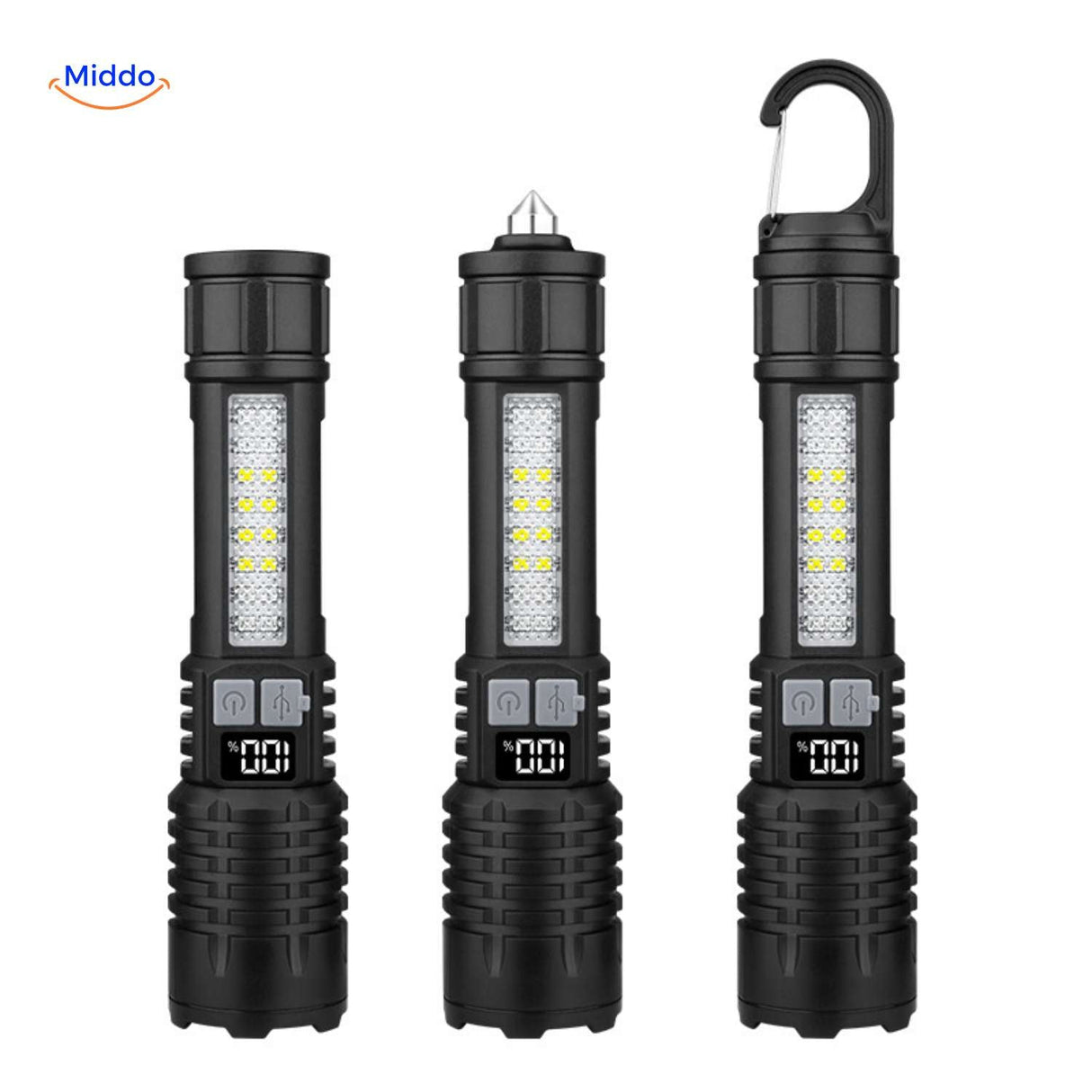 Torchlite multifunctional flashlight with emergency hammer and attachment hook.