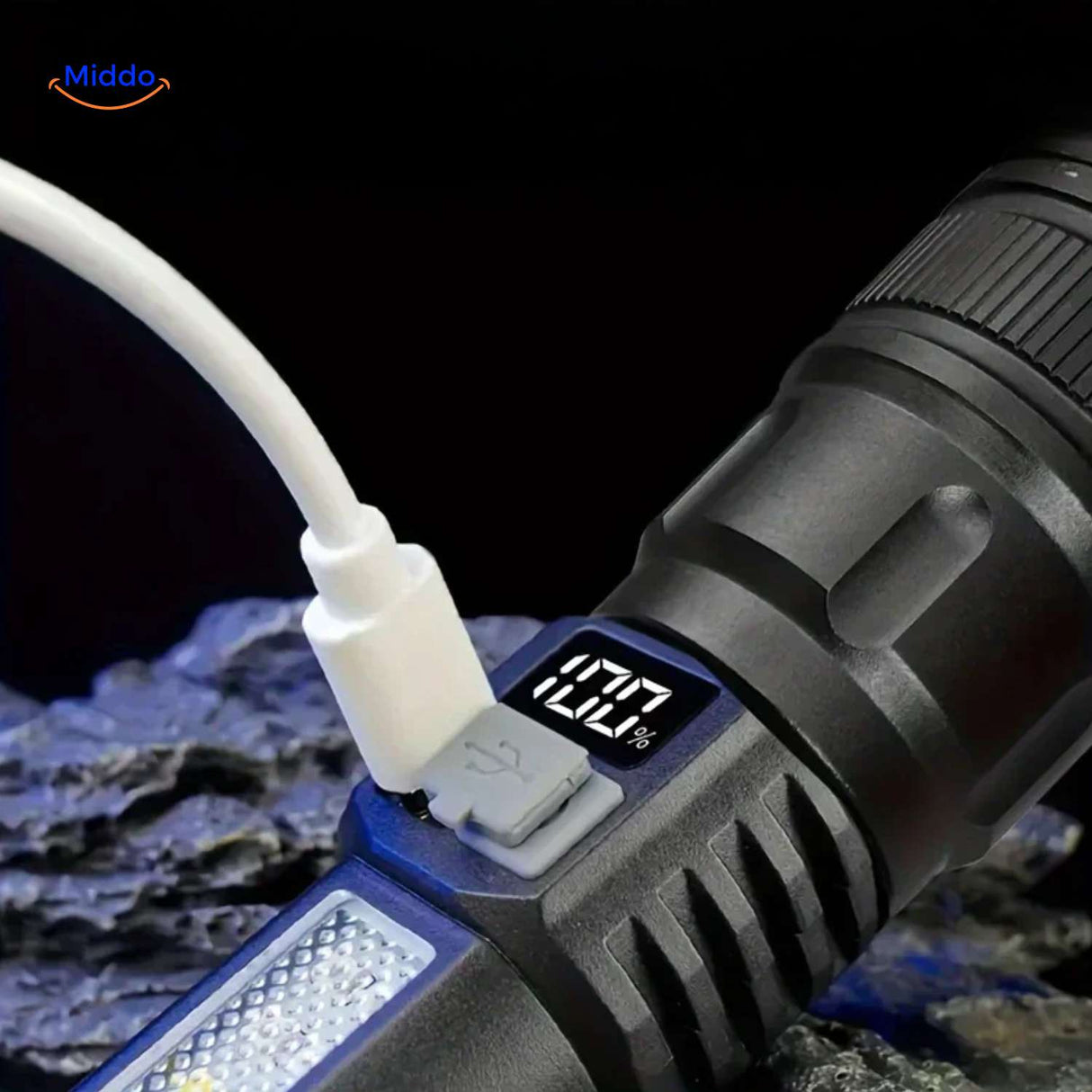 Torchlite rechargeable LED flashlight with USB charging port and battery display.
