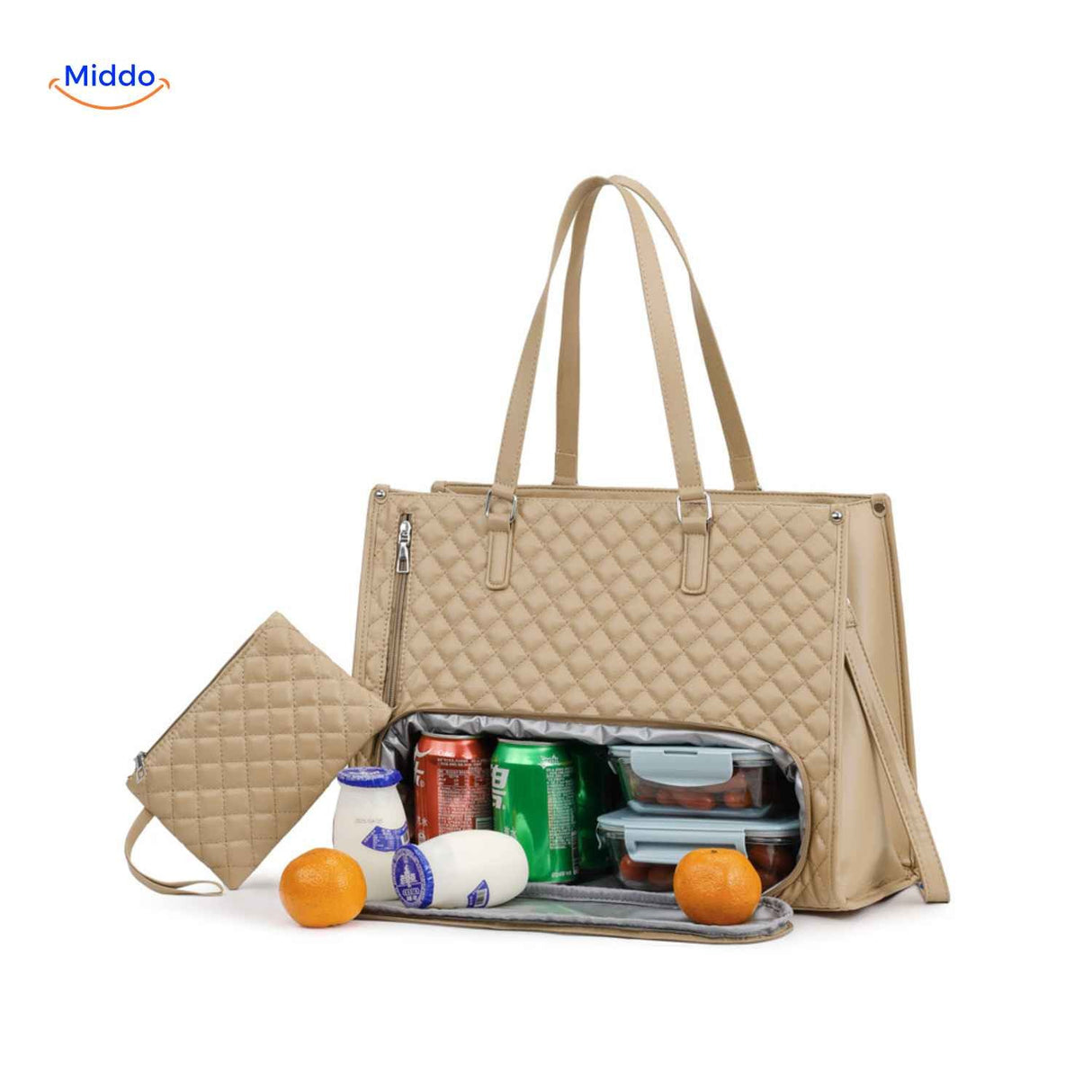 Beige Totezia lunch bag with cooler section and detachable small case.