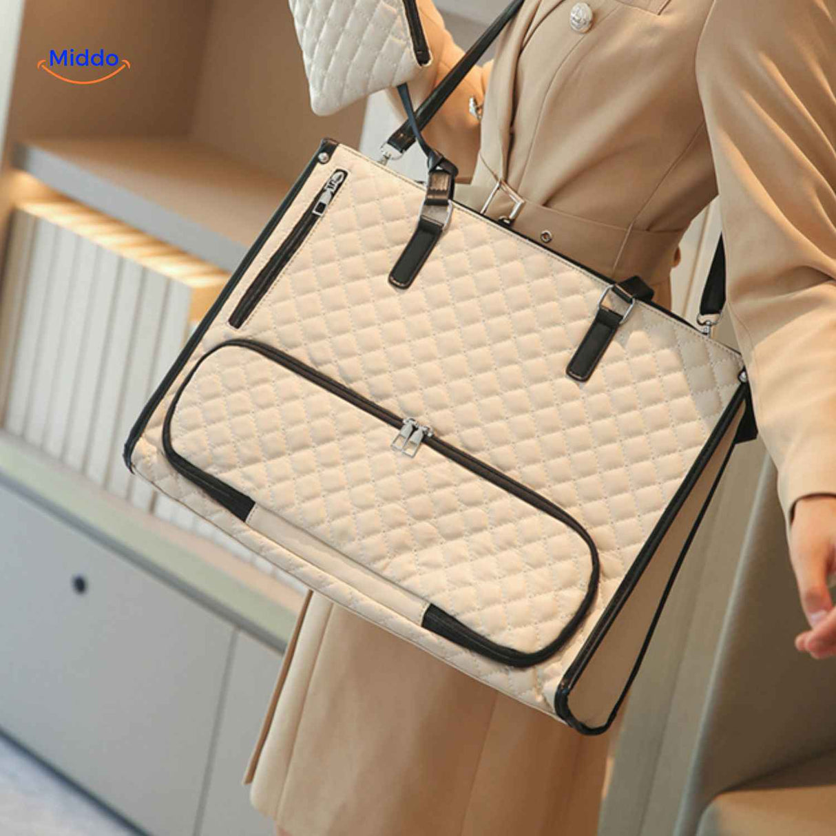 Beige and black Totezia handbag with matching insulated lunch cooler case.