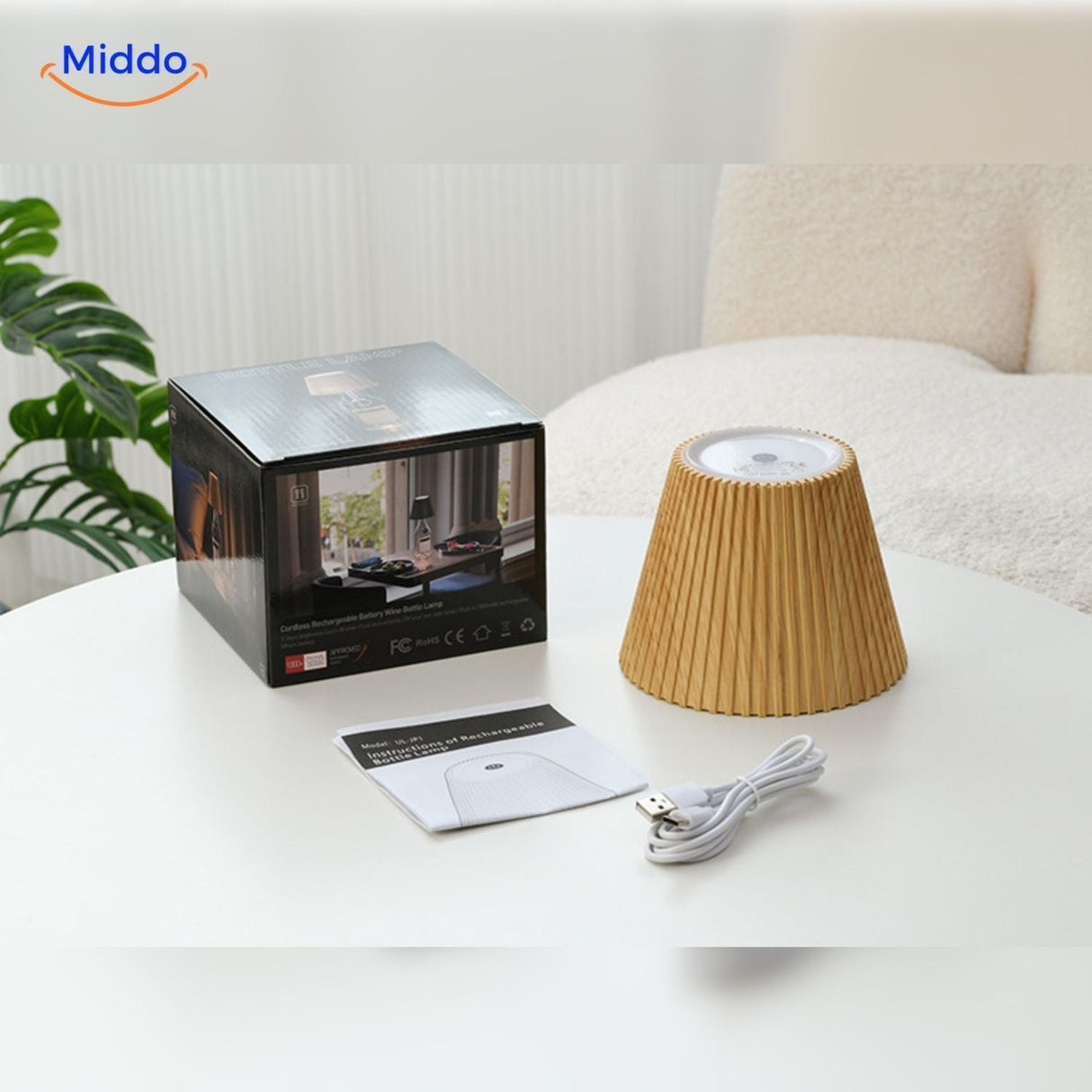 Atmospheric LED bottle lamp with intuitive touch control panel.