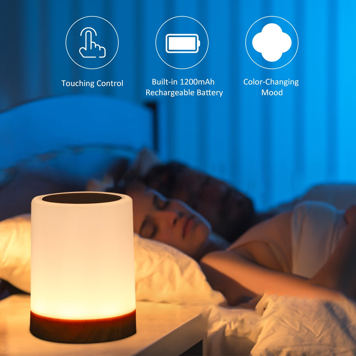Touch control night light in bedroom providing adjustable colored ambiance.