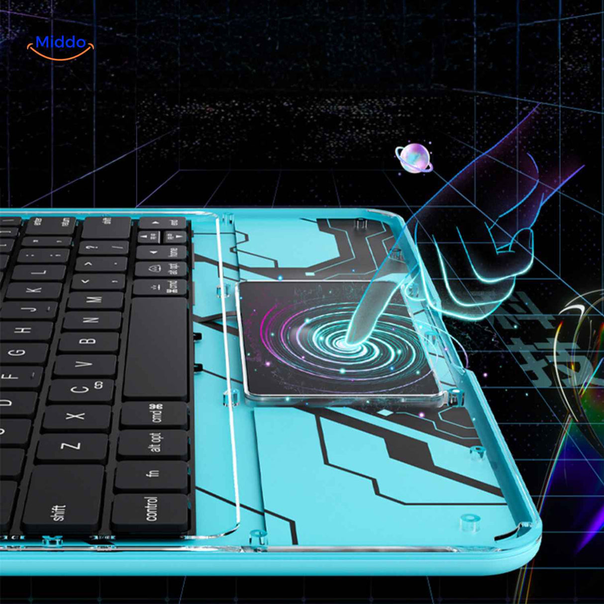 High-tech touchpad keyboard case with blue circuit design.