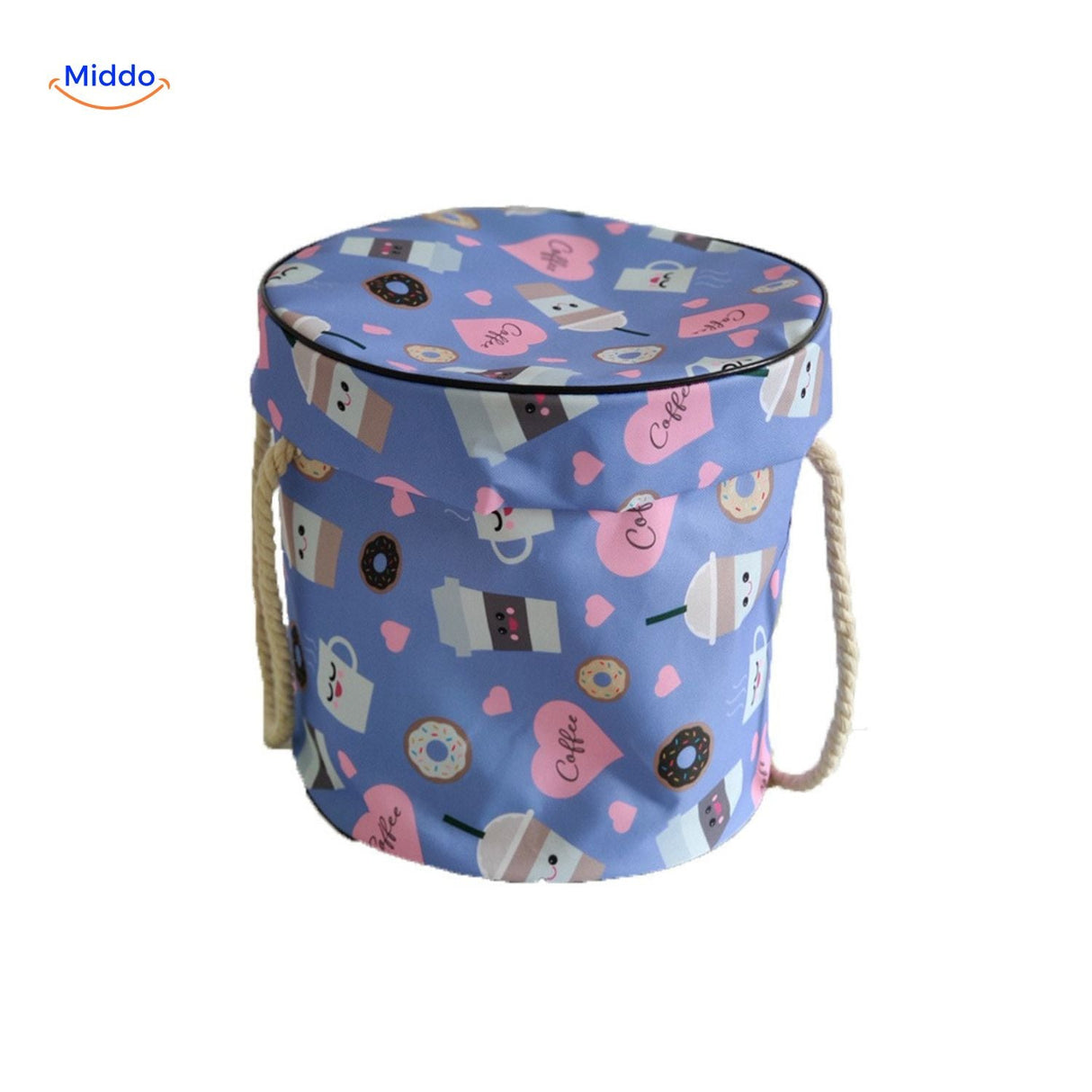 Blue toy storage bag with dimensions and capacity guide.