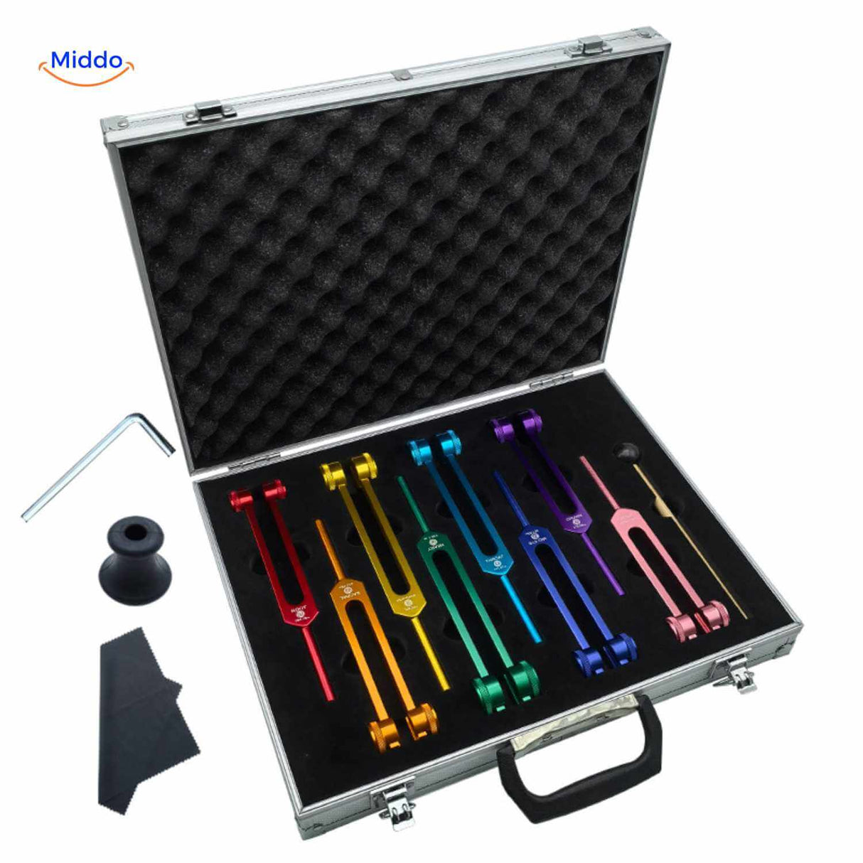 Colorful healing tuning fork set with protective carrying cases and tools.