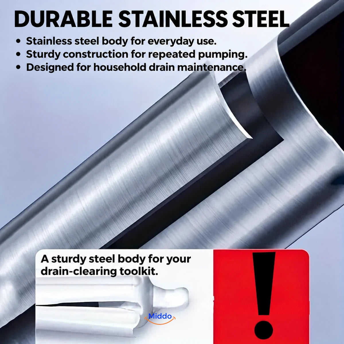 Turbo Drain Blaster 2.0 stainless steel body and durable construction.