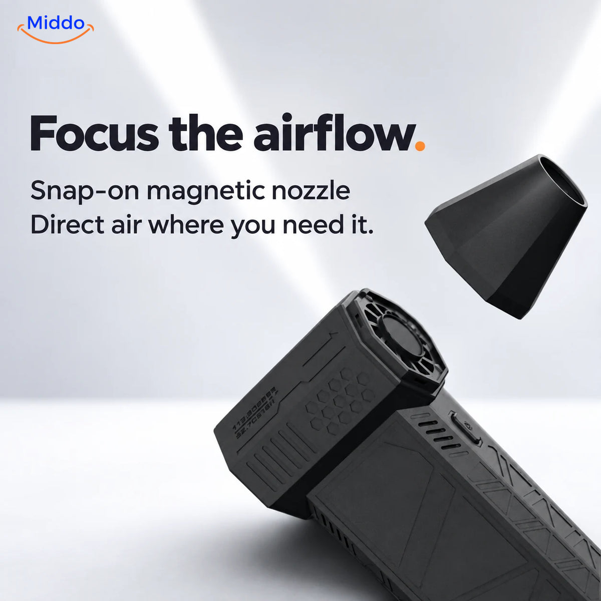 Black TurboJet Pro air blaster with its removable magnetic nozzle shown beside the air outlet