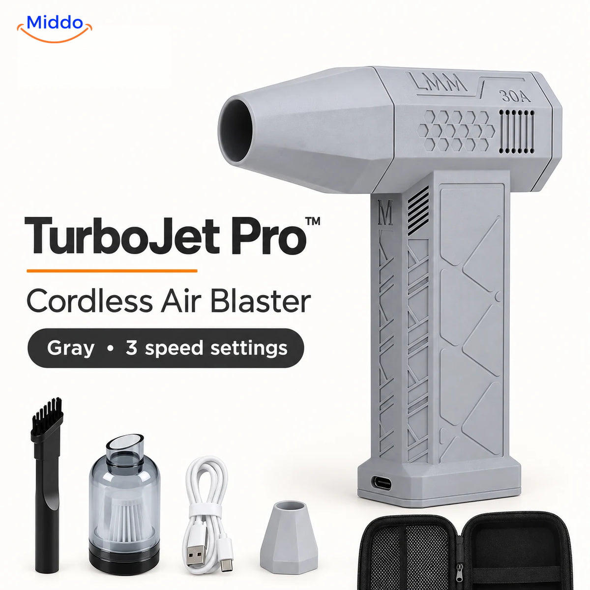 Gray TurboJet Pro cordless air blaster with three speed settings, charging cable, case, and nozzle attachments