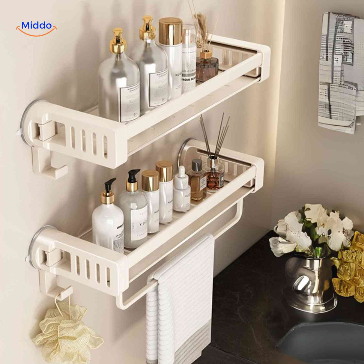 Two-tier cream suction shelf styled with bathroom care products.