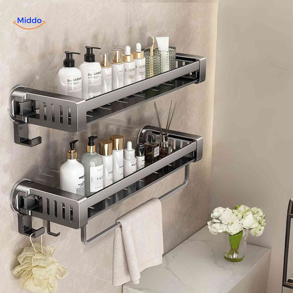Two-tier bathroom suction shelf holding towel and displaying hook.