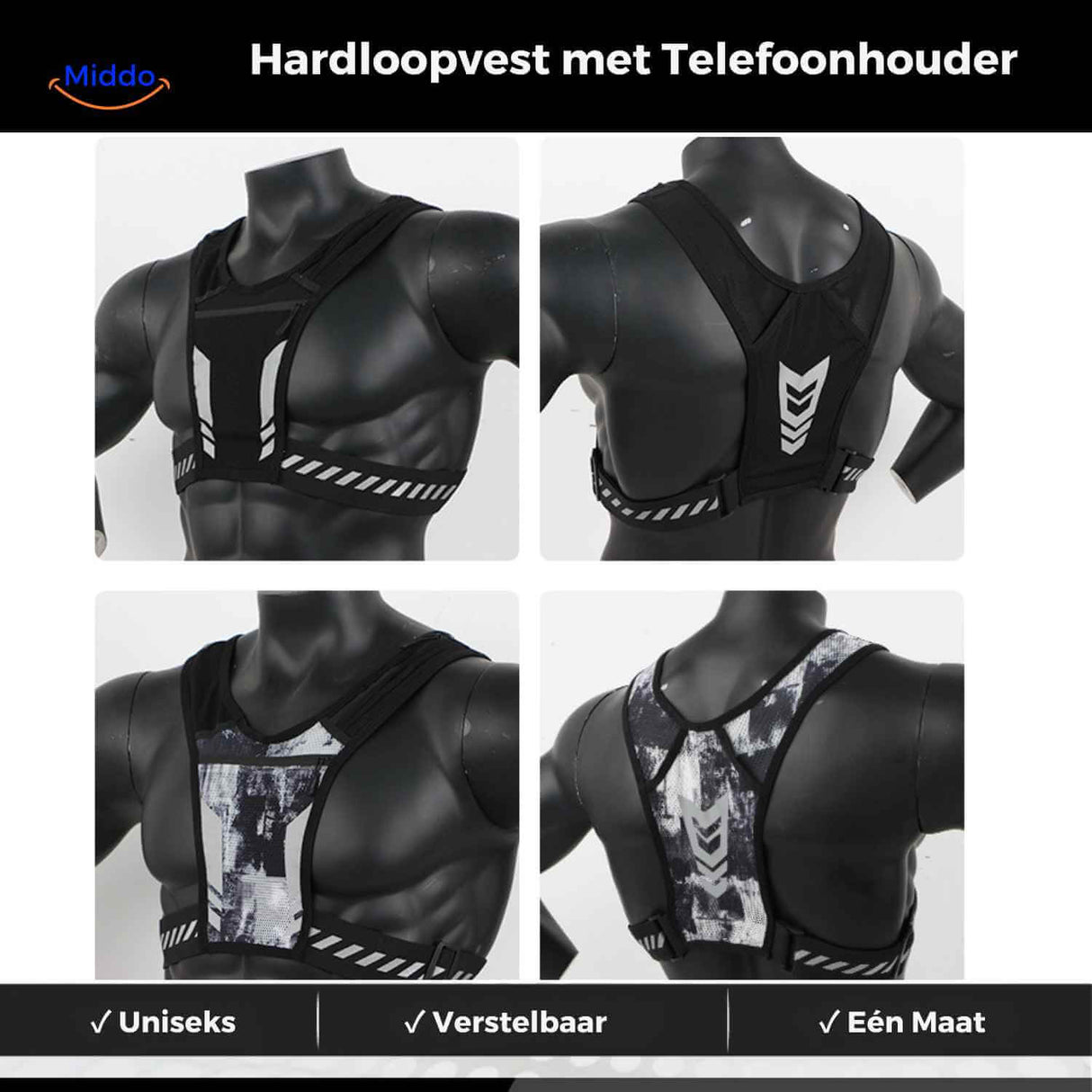 Unisex adjustable reflective running vest with secure phone holder and breathable fit.