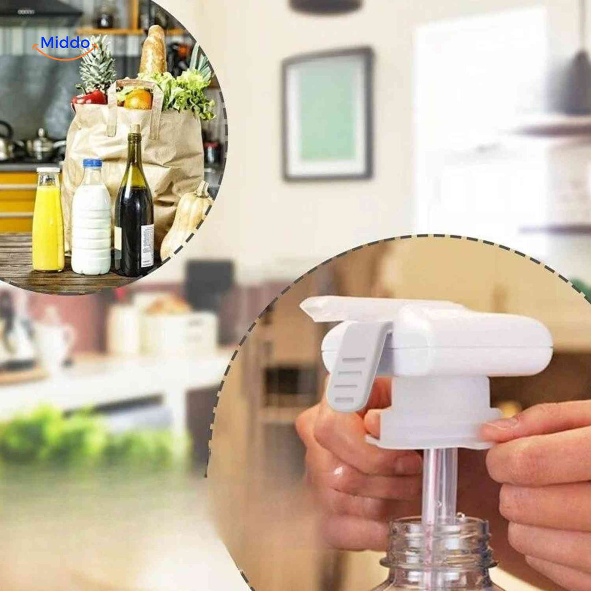 Universal water pump works with juice, milk, and water bottles.