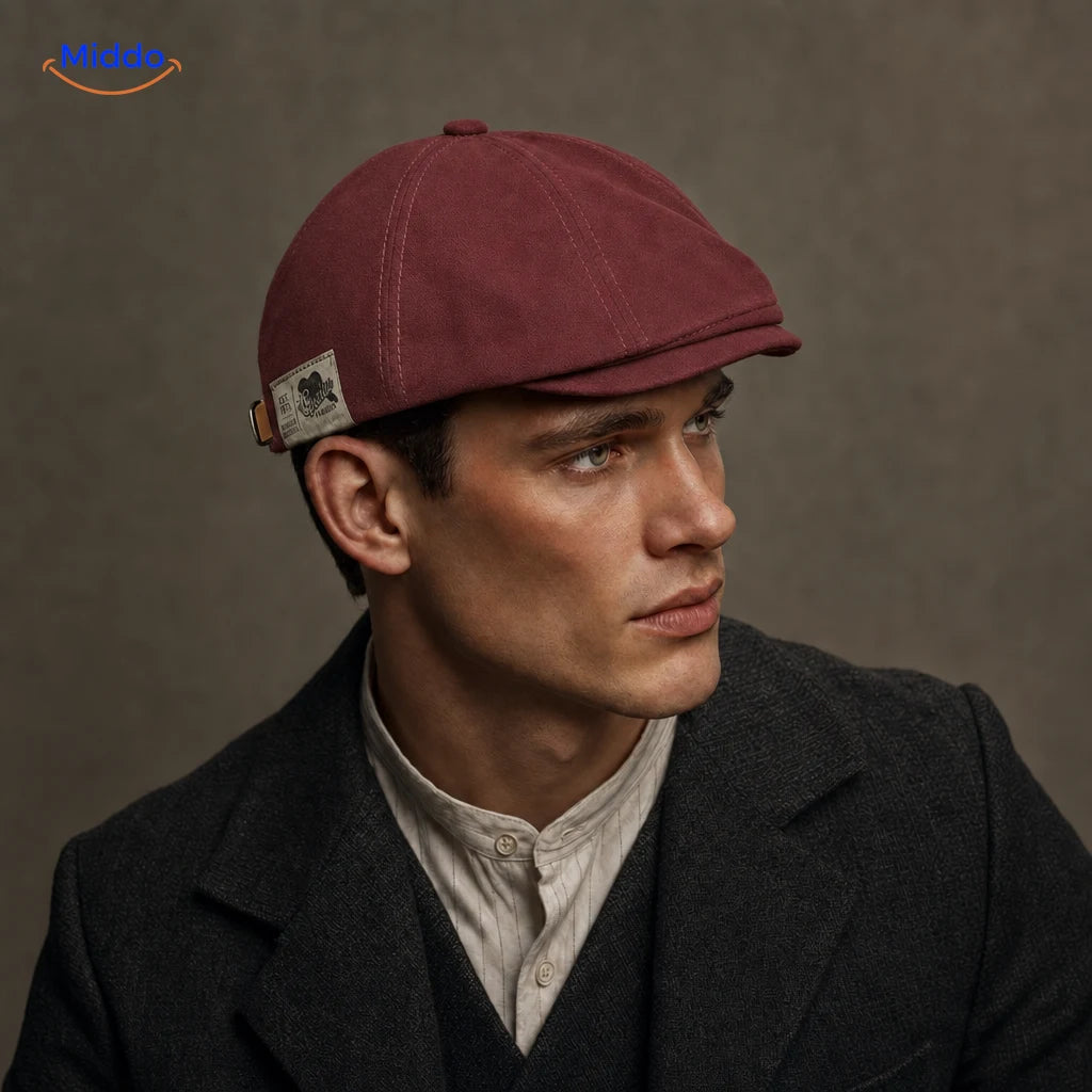 Urban Heritage Flat Cap™ | Timeless Sophistication in Red, worn by a model