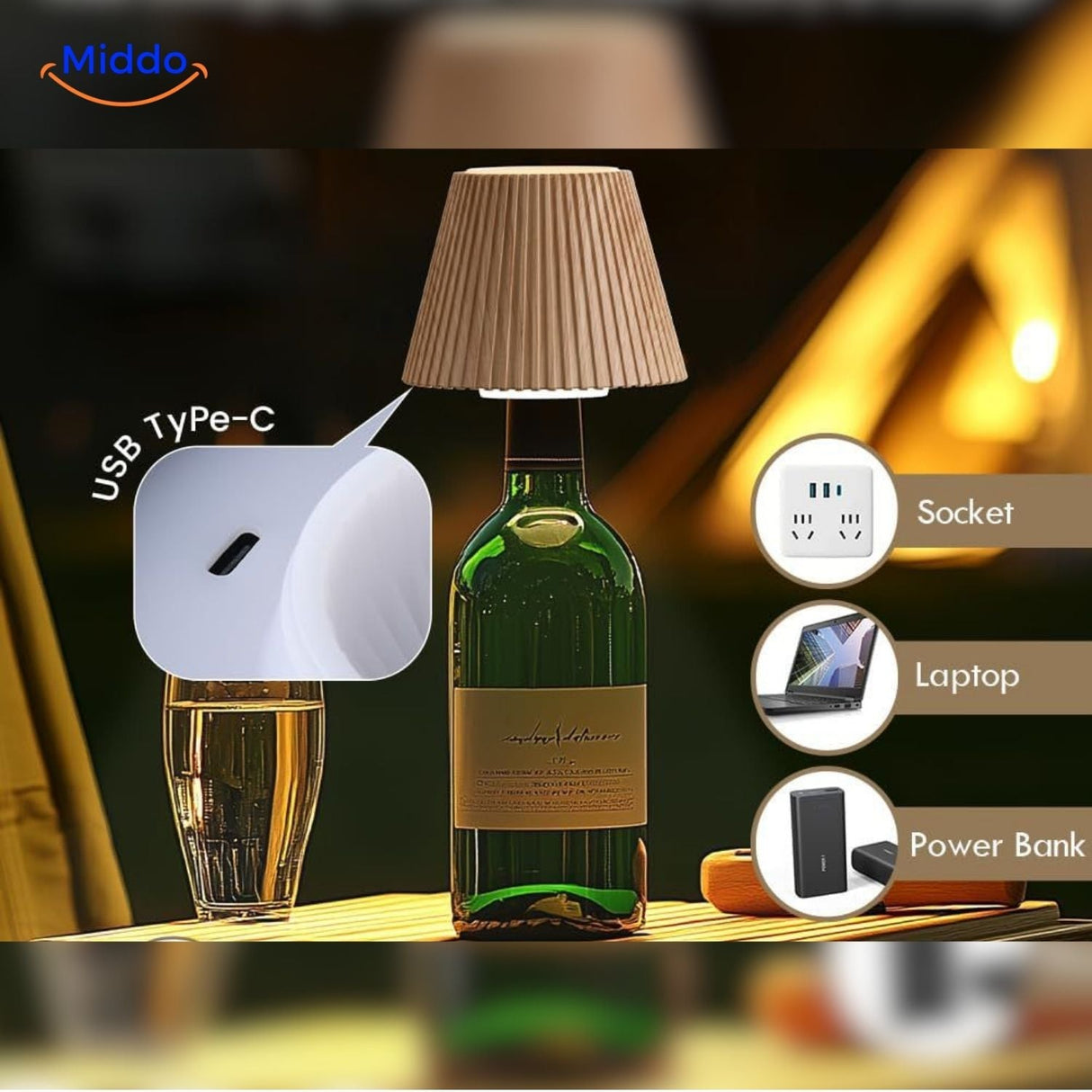 USB-C rechargeable wine bottle lamp with modern charging technology.