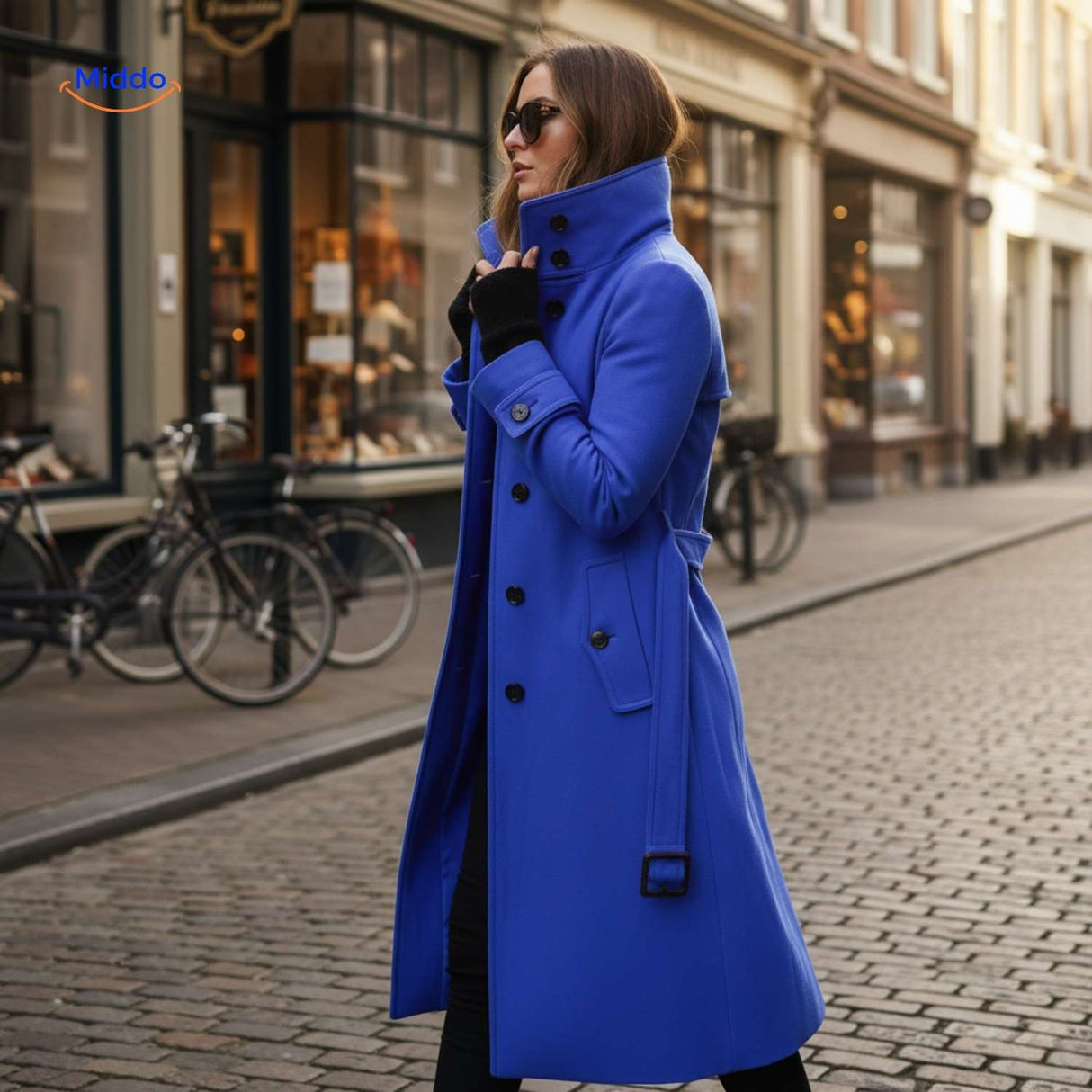 Blue button-front Veloura coat paired with sunglasses in casual style.