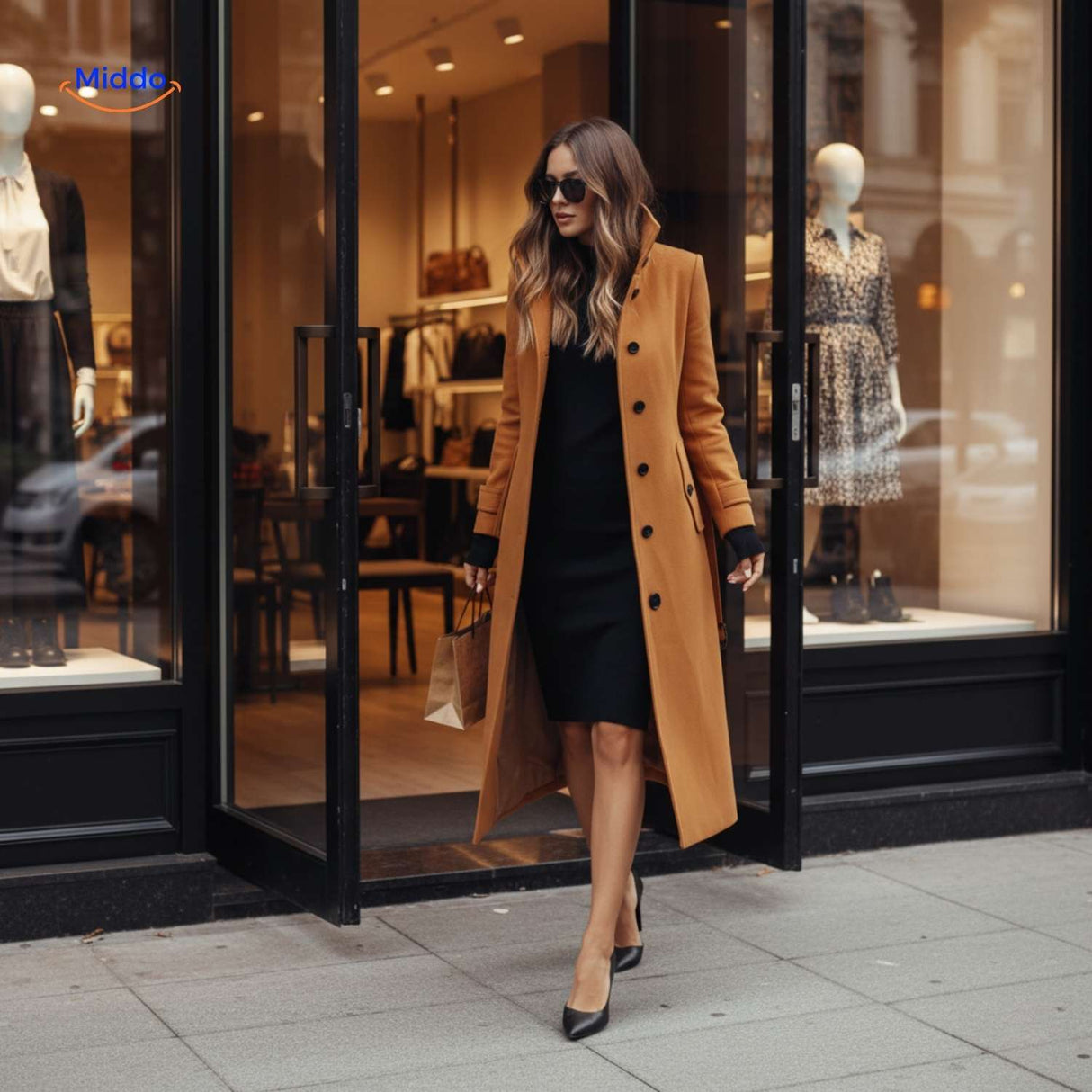 Woman wearing elegant button-front Veloura coat leaving boutique store.