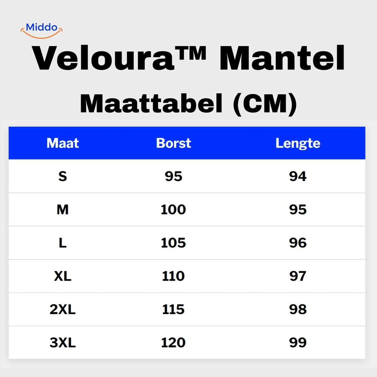 Veloura button-front coat size chart with chest and length measurements.