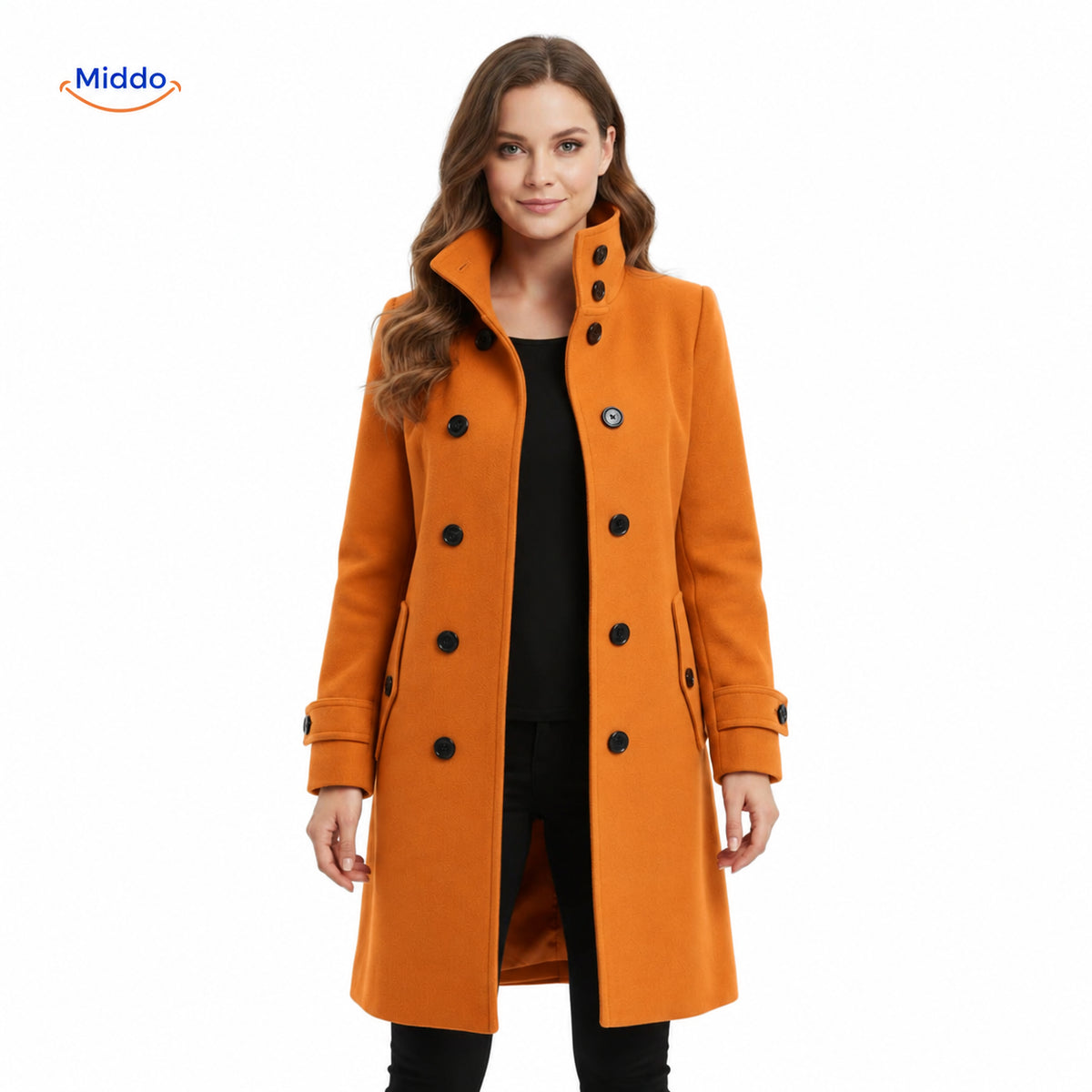 Wool Veloura women's button-front coat with full button closure.