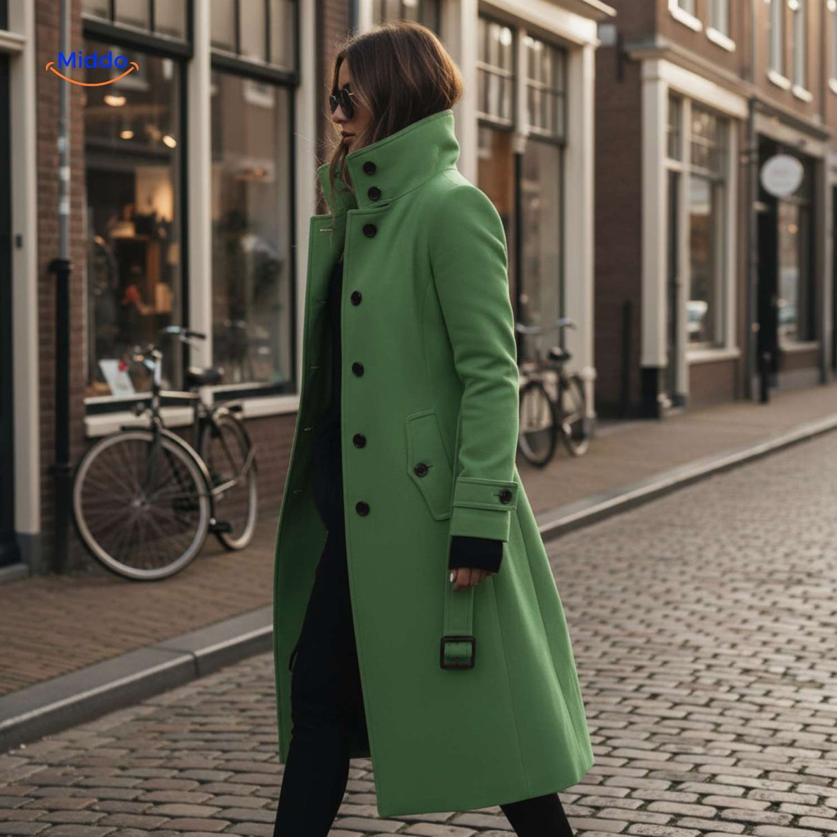 Green button-front Veloura coat worn in downtown urban setting.