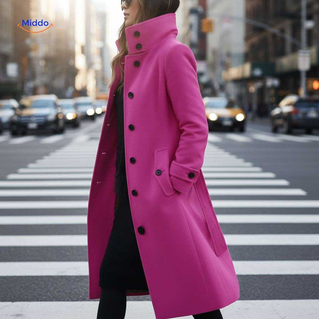 Pink button-front Veloura coat in elegant street style ensemble.