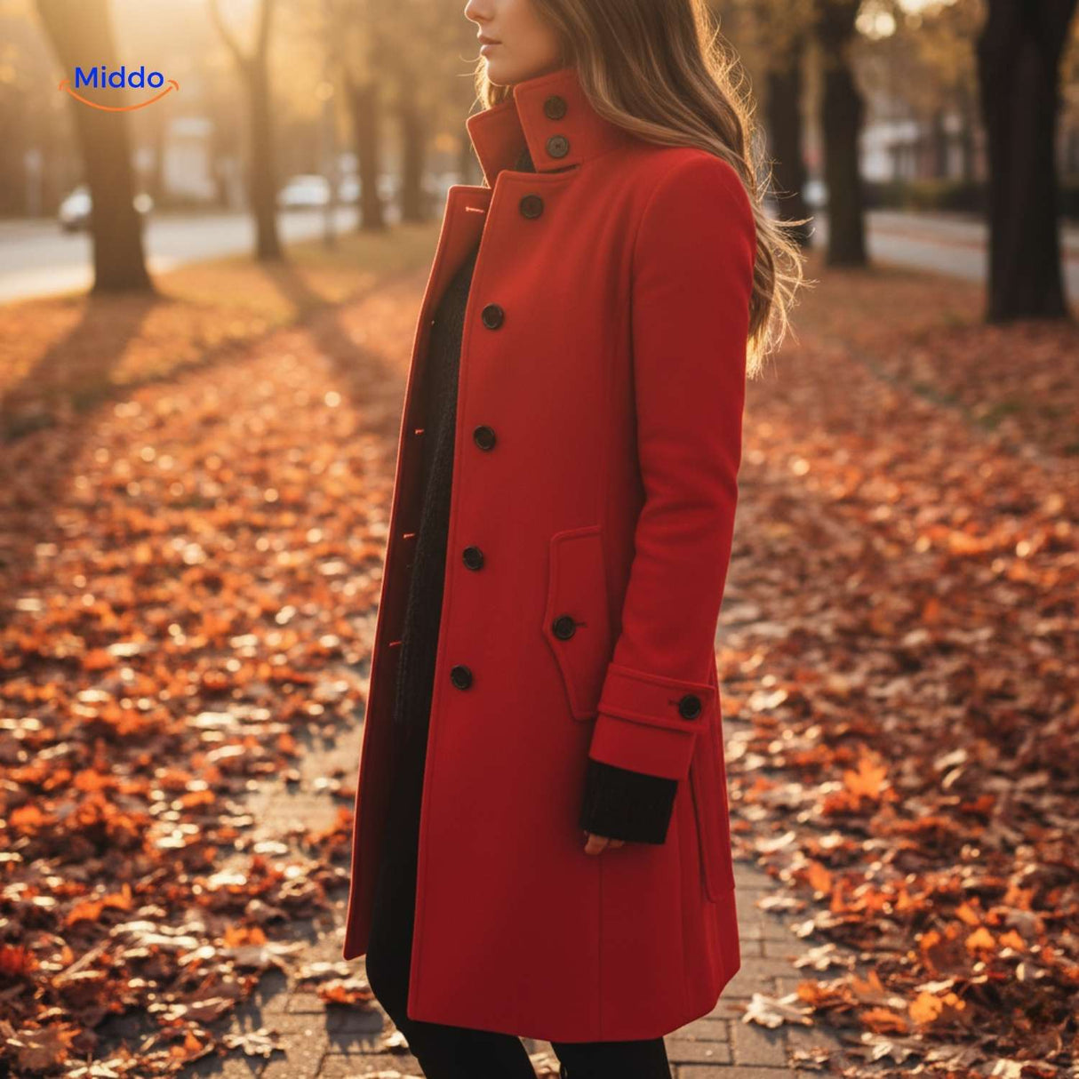 Red Veloura coat showcasing elegant button-front closure detail.