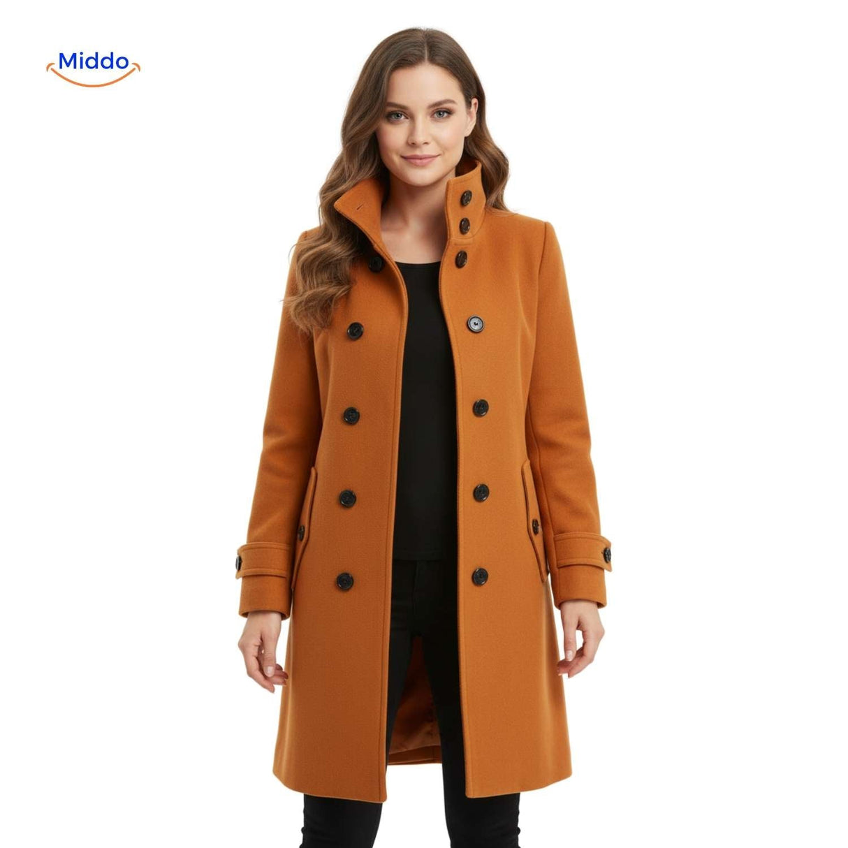 Wool Veloura women's button-front coat with full button closure.