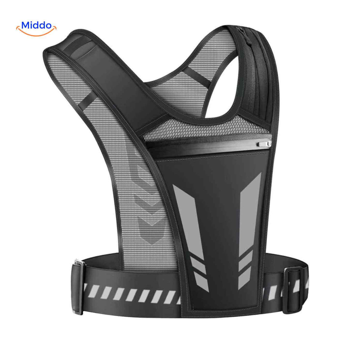 Back of reflective running vest highlighting rear zip pocket and reflective stripe detailing.