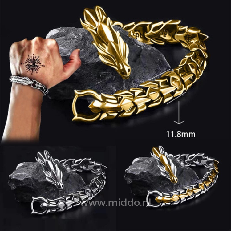 Viking dragon bracelet set of three styles displayed on a hand showing the full collection.