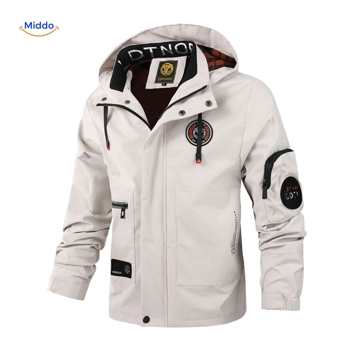 Water-resistant men's winter jacket with hood and zip pocket detail.