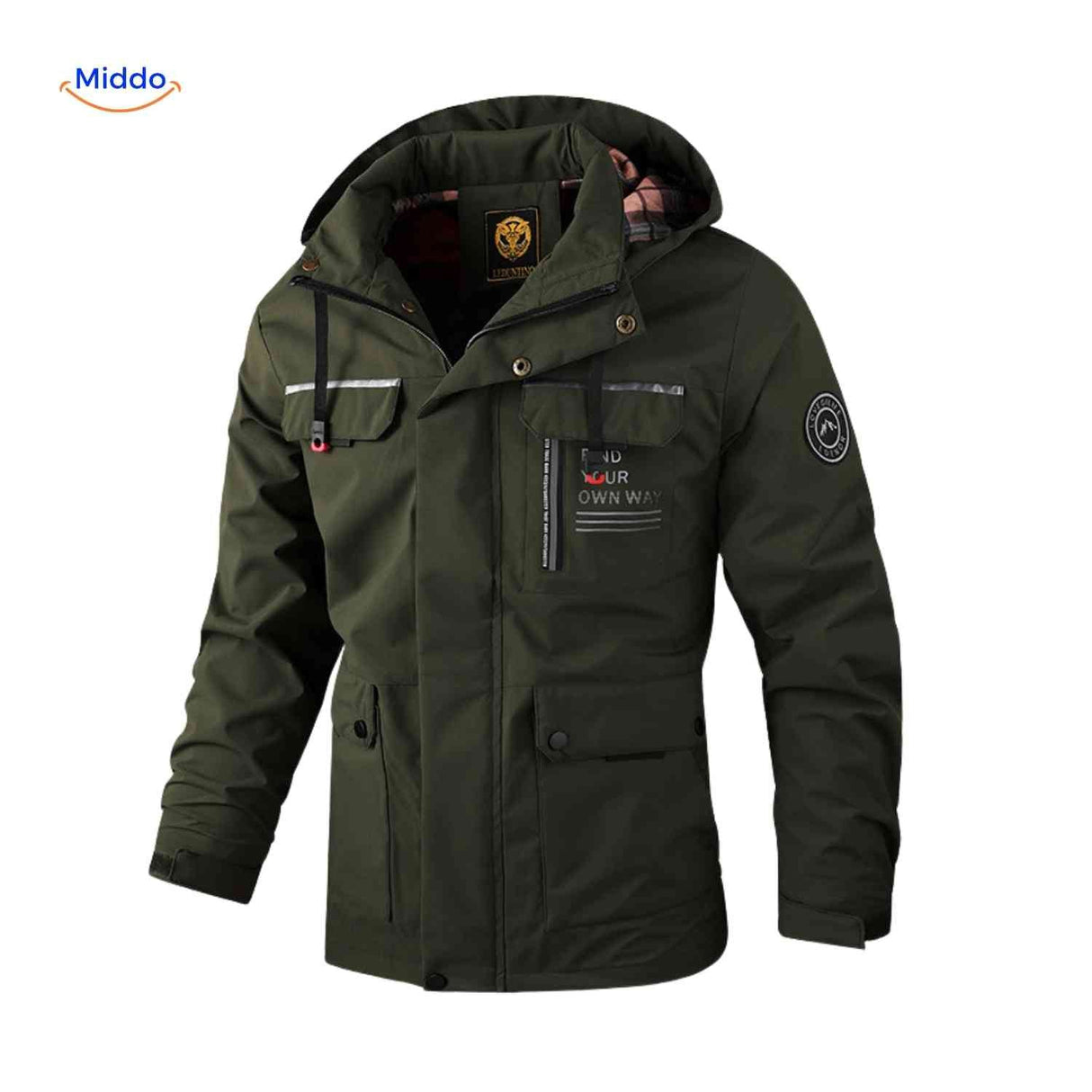 Water-resistant men's winter jacket featuring multiple pockets.