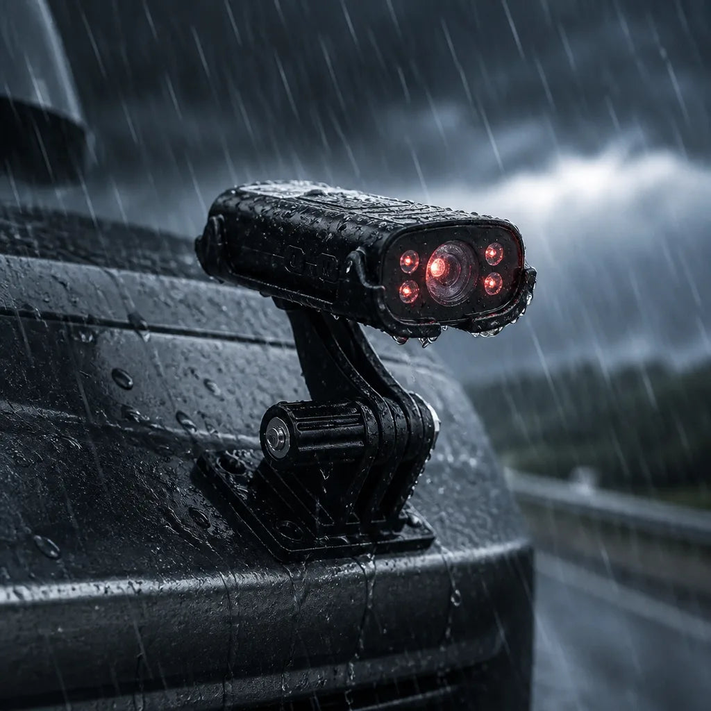Waterproof dashcam backup camera designed to withstand heavy rain and harsh weather conditions.