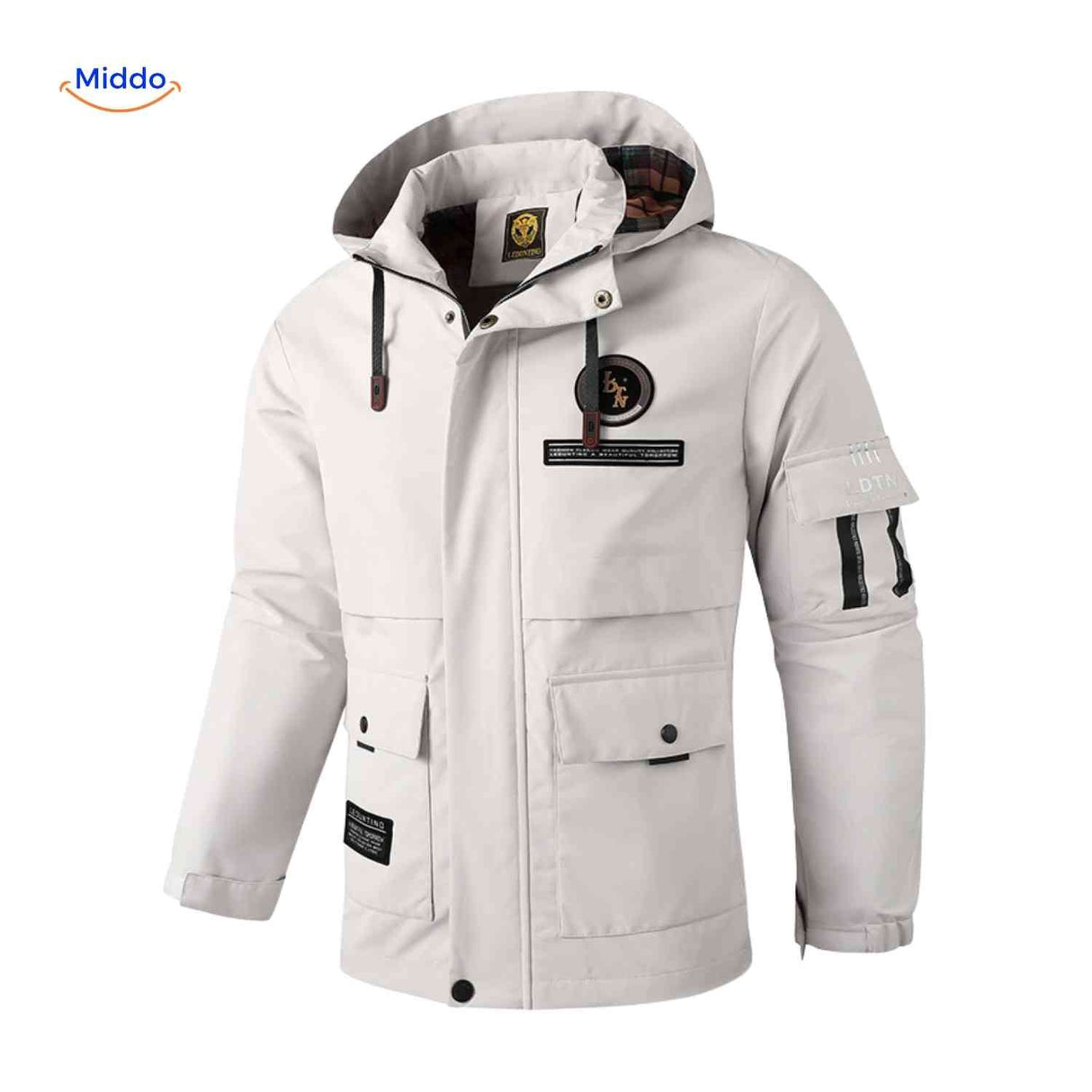 Waterproof men's winter jacket with hood and hand pockets.
