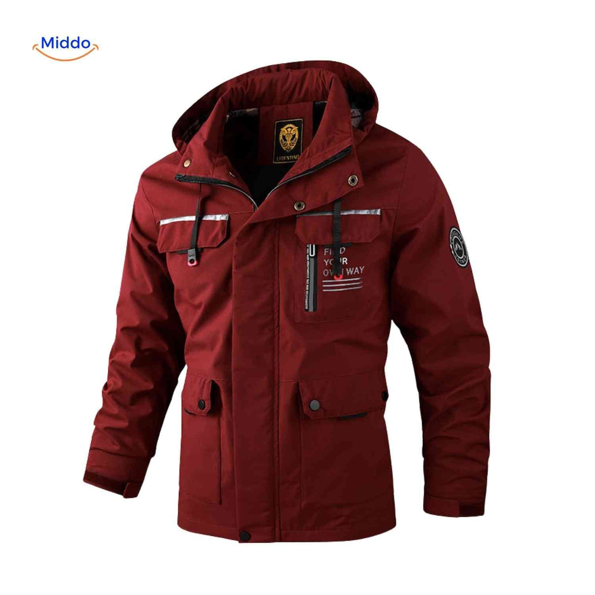 Waterproof men's parka with hood and utility pockets.