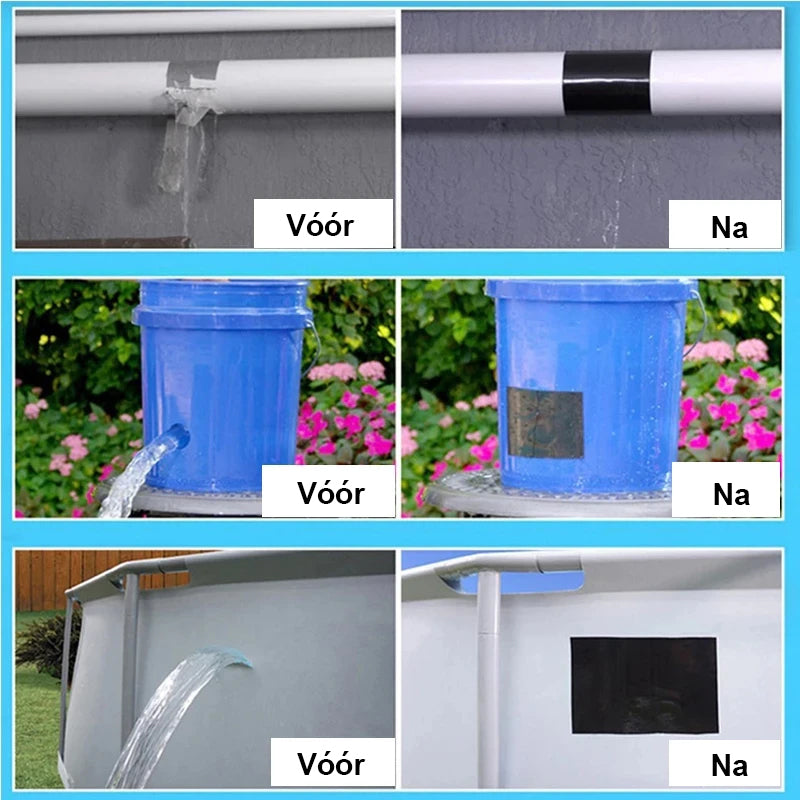 Before and after application of waterproof tape on various surfaces.