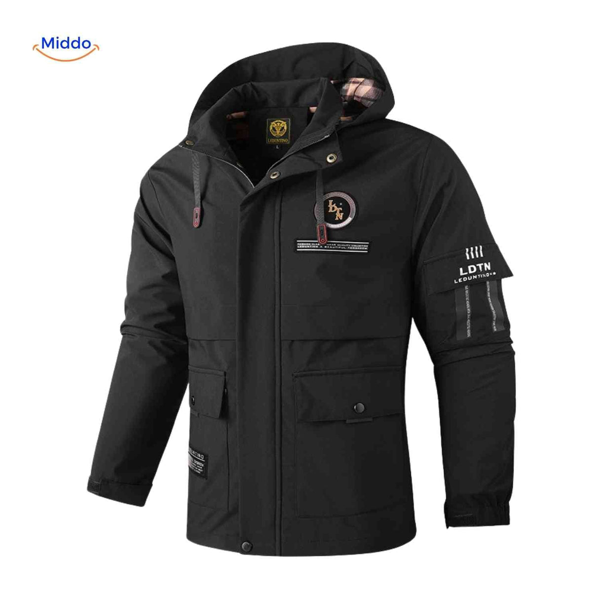 Waterproof men's winter jacket with hood and utility pockets.