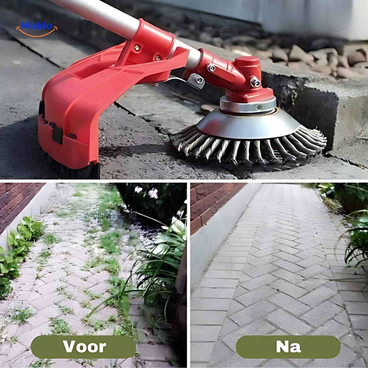 Weedmaster weed brush in action on residential lawn and garden areas.