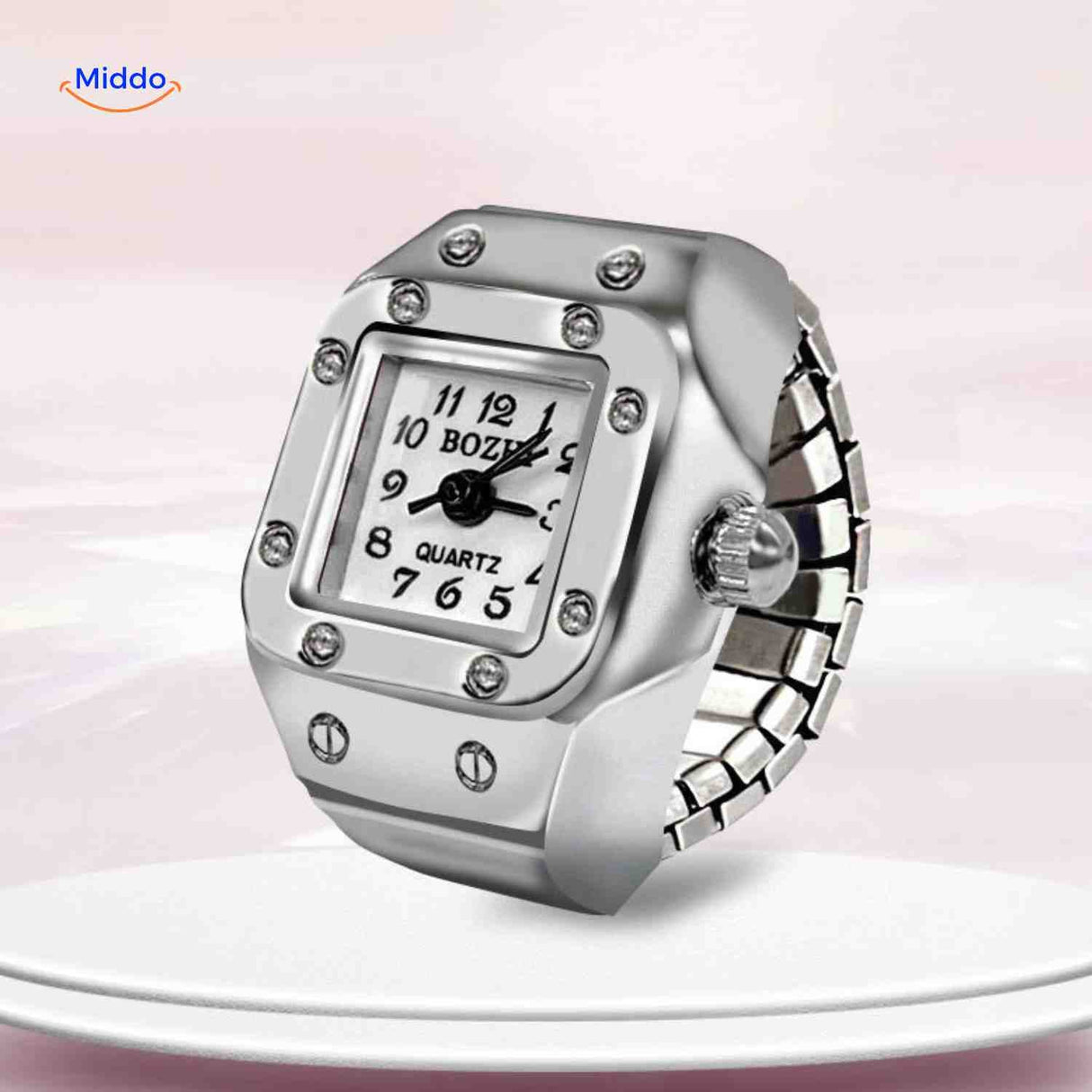 Elegant ring watch with white dial and adjustable unisex design.