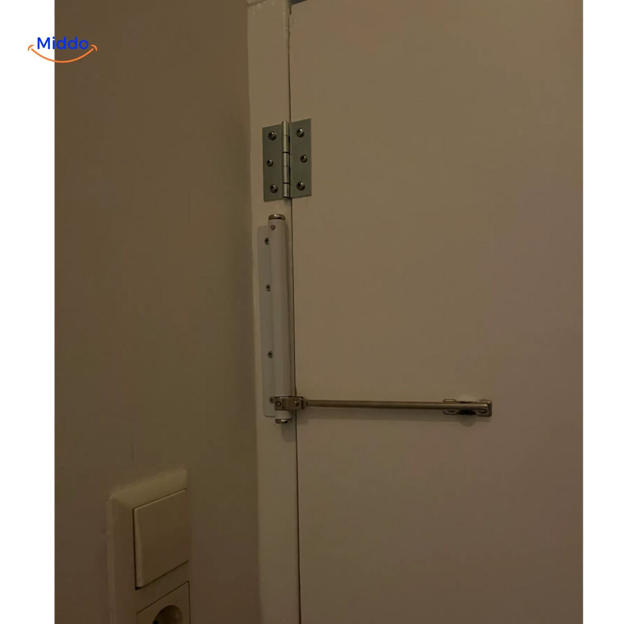 White door closer showing installation steps for simple door setup.