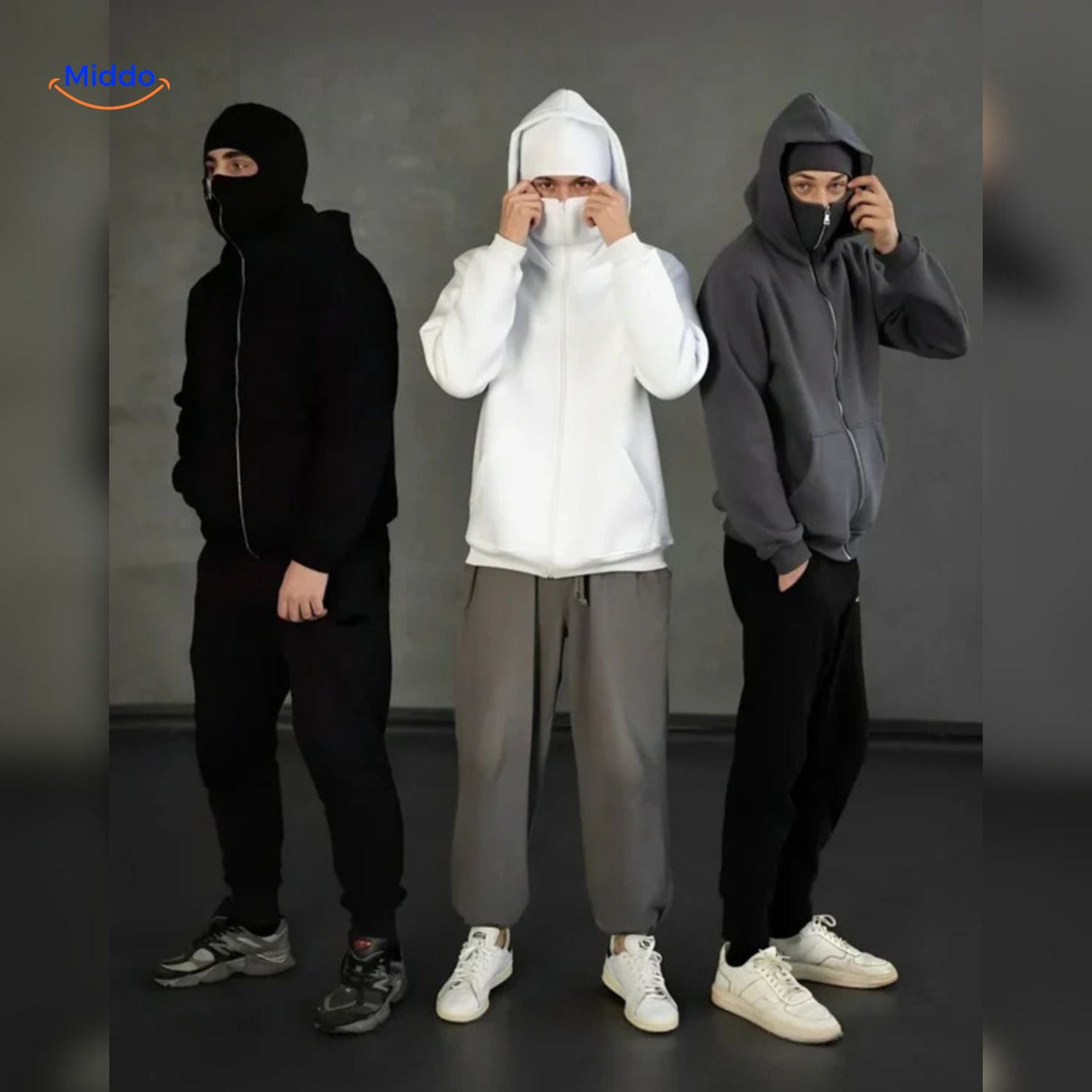 White double-hood hoodie shown with three available colorway options.