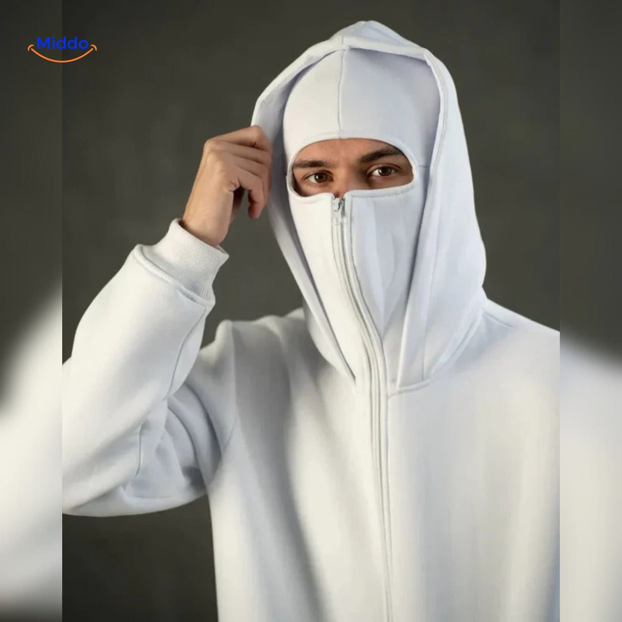 White double-hood hoodie with full zip closure for comfort and style.
