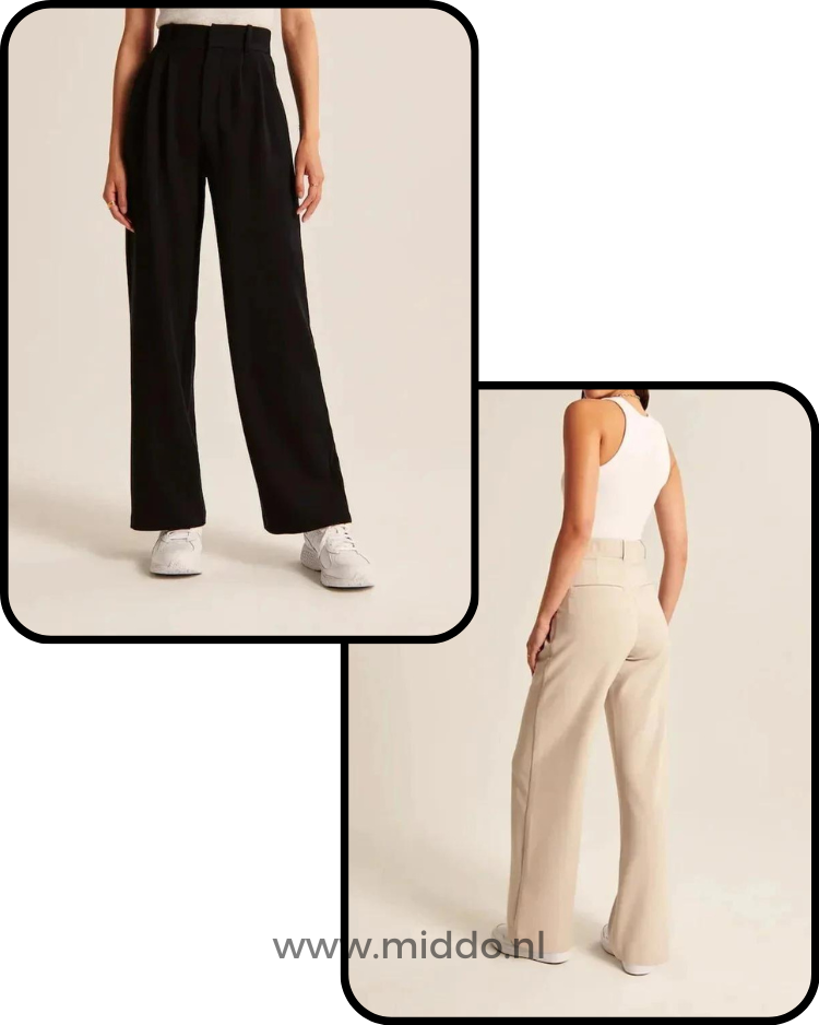 Wide-leg trousers in black and cream demonstrating multiple style-ready color choices.