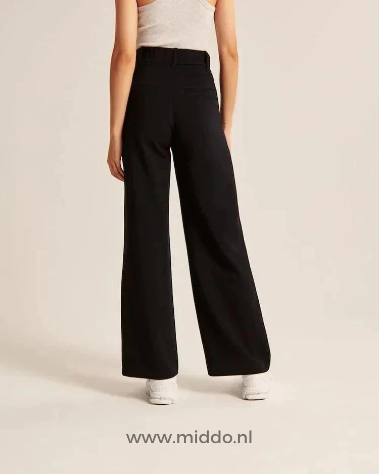Black wide-leg trousers showing relaxed fit and polished tailored appearance.