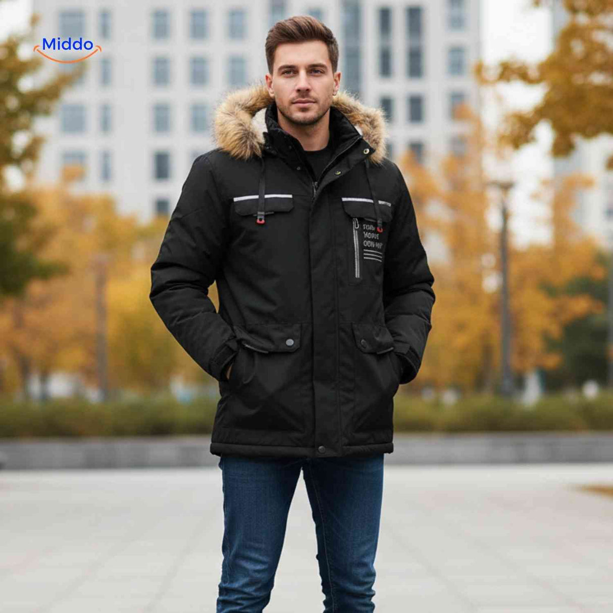 Black windproof men's winter parka with hood and reflective stripe.