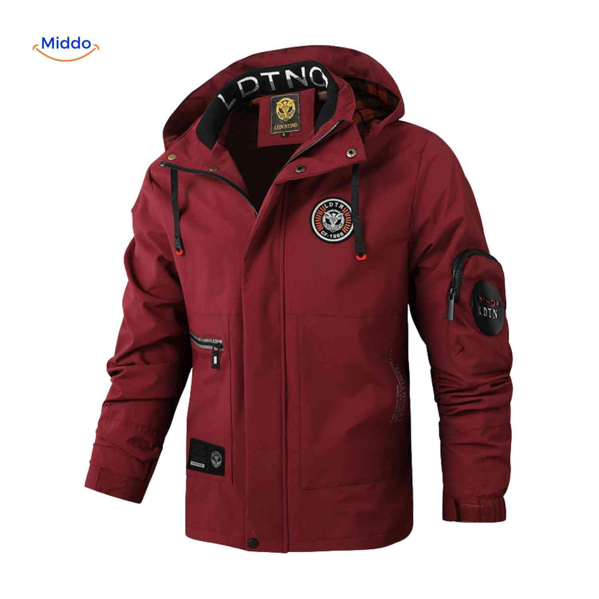 Wind-resistant men's outdoor jacket with hood and hand pockets.