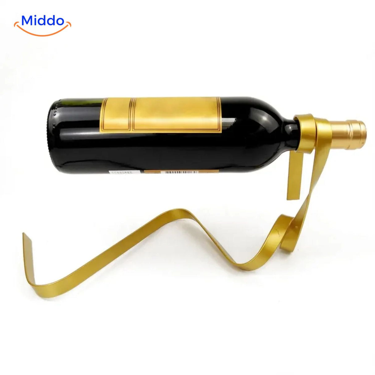 Wine bottle holder suspended by luxurious gold ribbon.