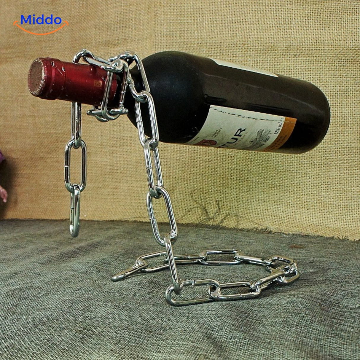 Sophisticated wine holder with silver chain design.