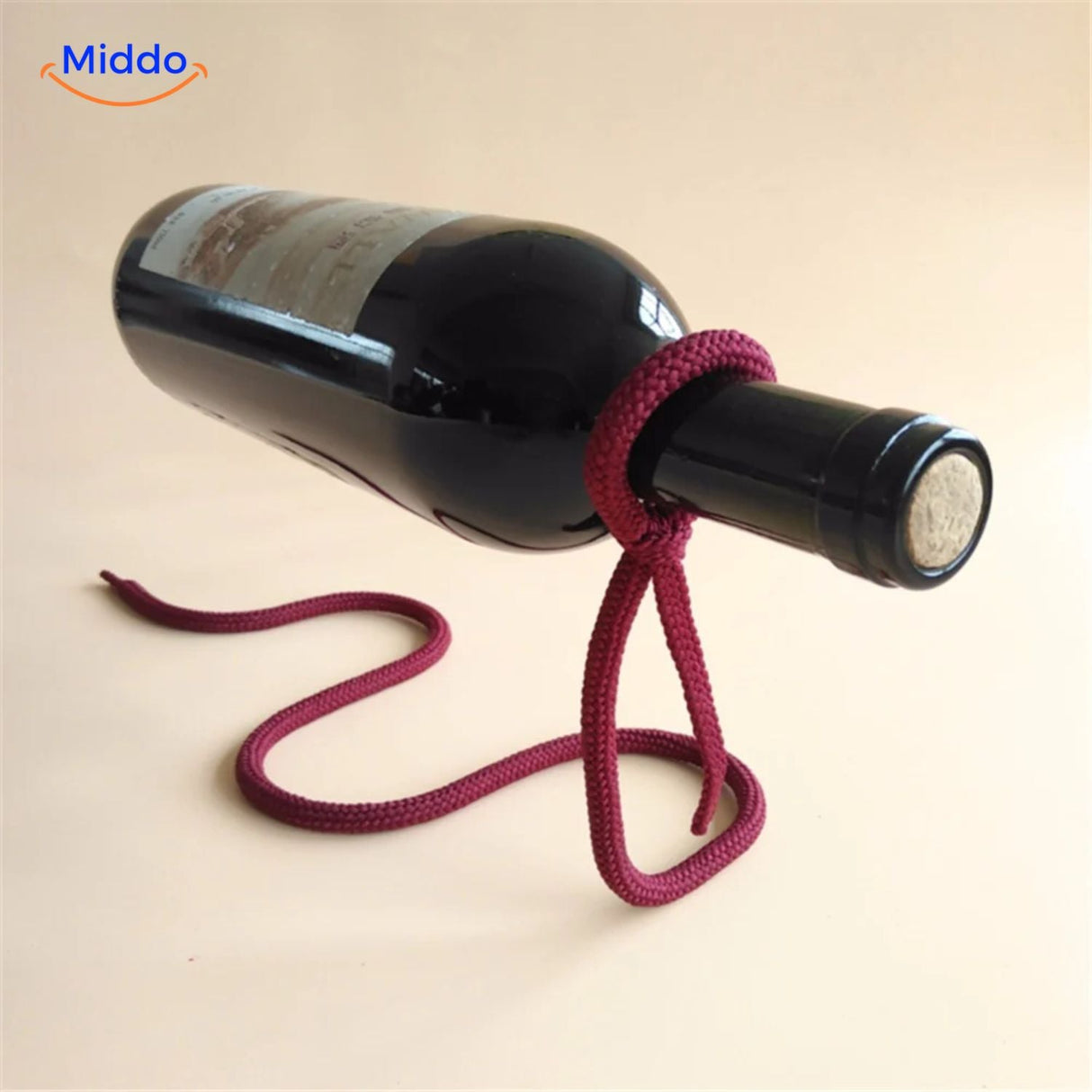 Wine bottle holder with beige rope suspension cord.