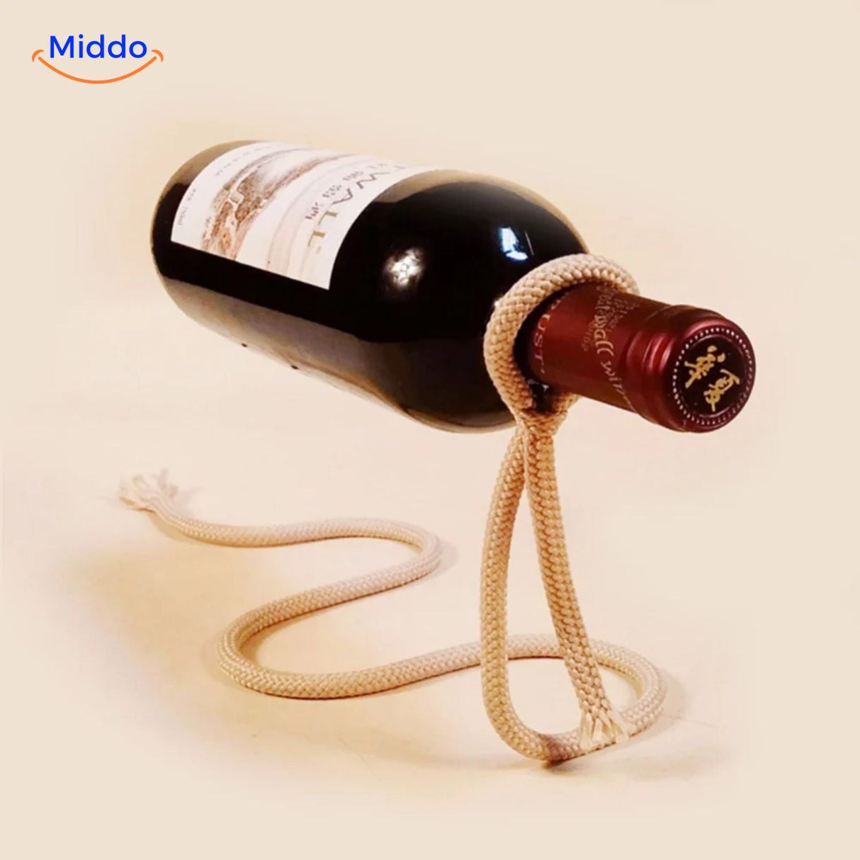 Wine bottle holder suspended with maroon rope cord.